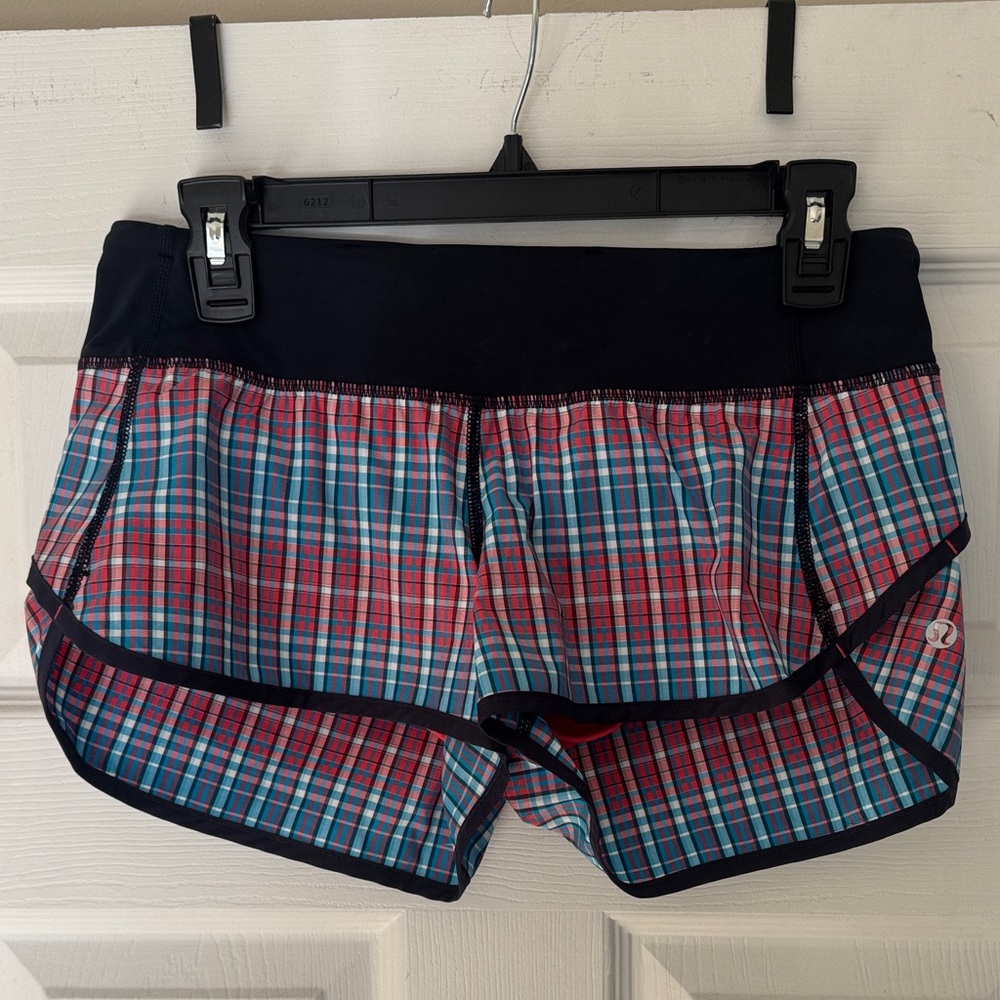 lululemon athletica Women’s Speed Short in Rad Plaid Wish Blue/Passion